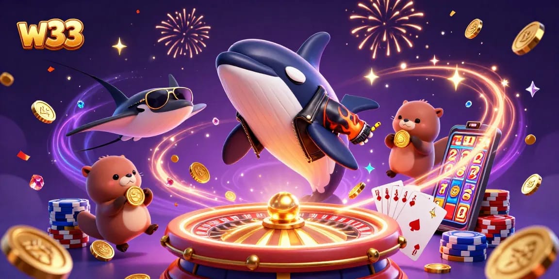 Experience thrilling w33 gaming with cartoon creatures in an exciting casino scene.