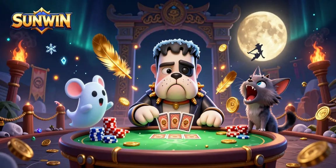 SUNWIN casino scene with a cartoon bulldog dealing cards at a haunted table with a ghost mouse floating through chips.