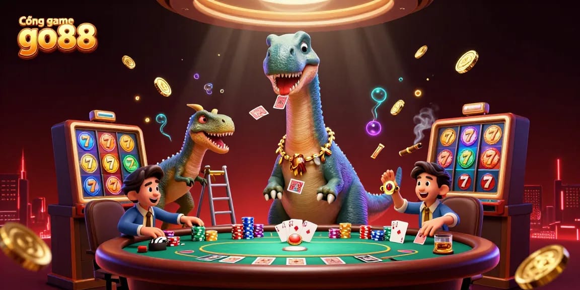 Cổng game go88 offers an engaging gambling experience with a vibrant 3D scene featuring a brontosaurus and a clever raptor at a poker table.