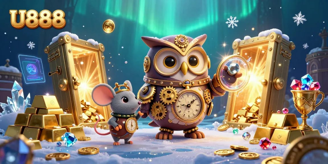 Engage with U888's vibrant casino world featuring time-traveler owl and treasures.