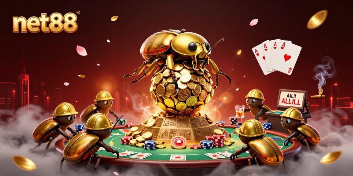 Experience thrilling winnings with net88’s vibrant casino scene featuring golden coins and poker games.