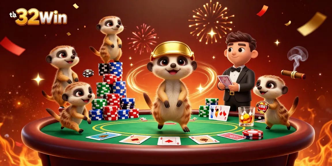 Experience the excitement at 32Win with meerkats running a vibrant casino operation.