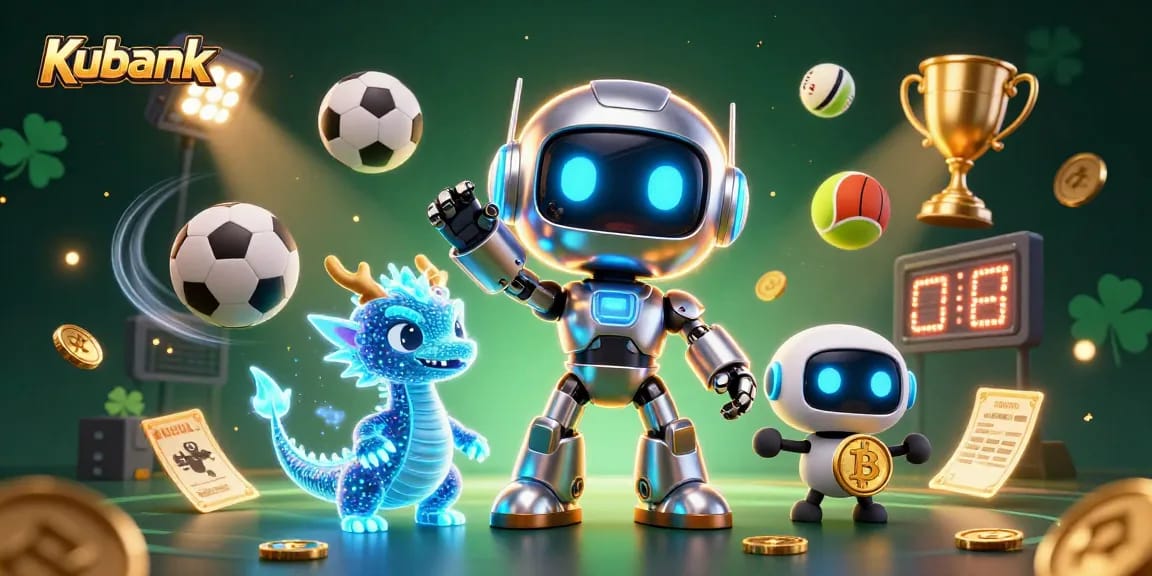 Kubank energizes sports betting with a dynamic 3D casino illustration showcasing a robot mascot, AI dragon, and vibrant game elements.