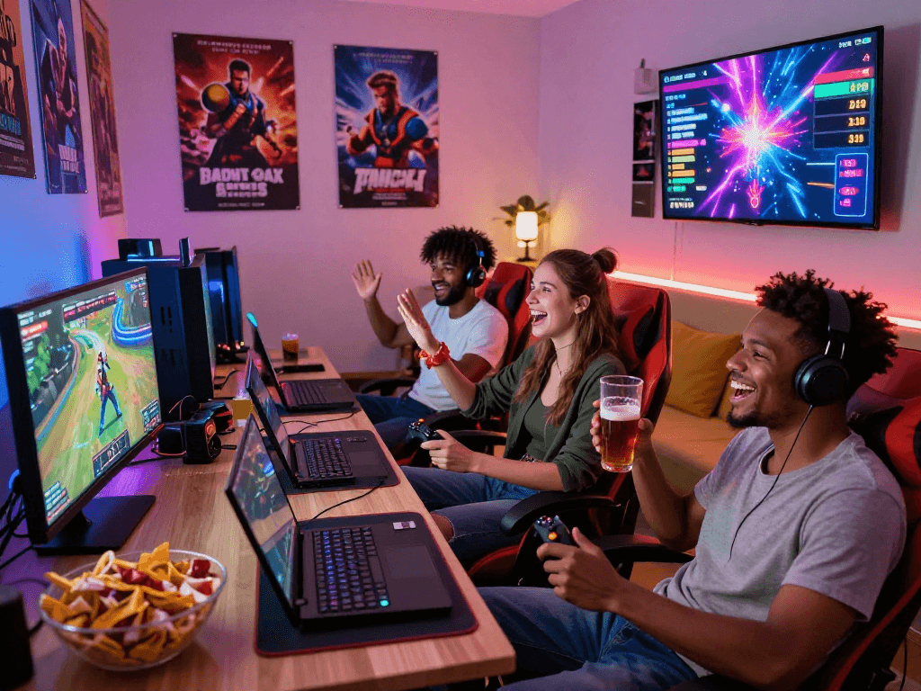 Exciting gameplay moment with friends enjoying porngames together in a vibrant game room.