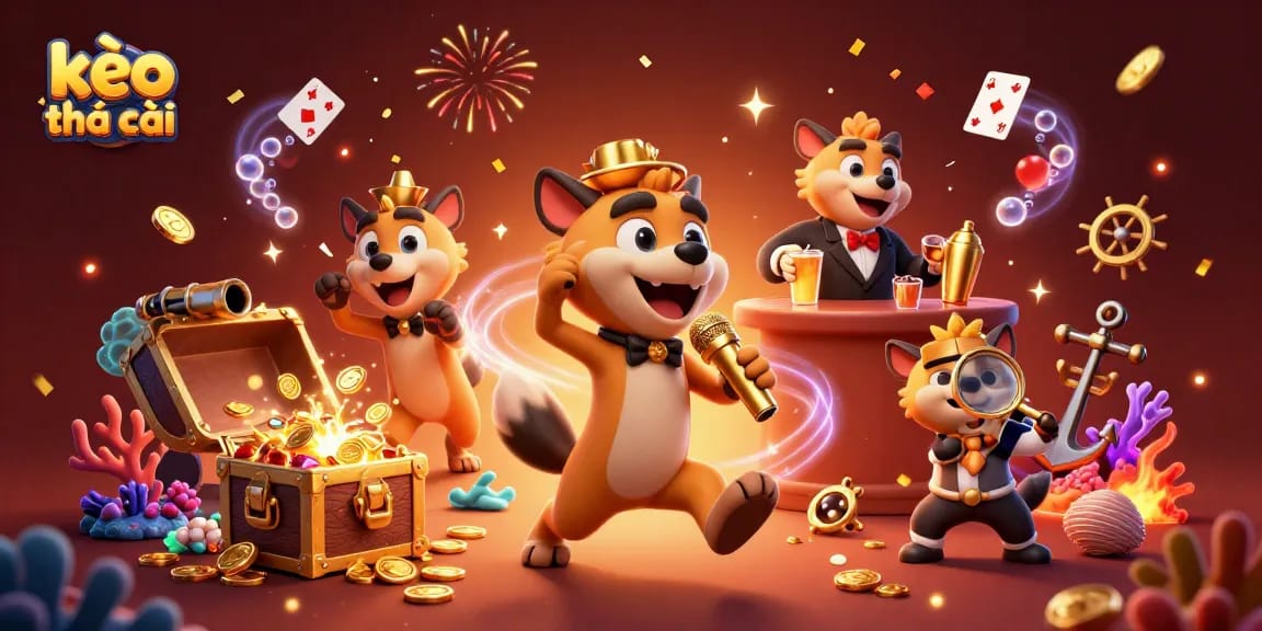 Engaging depiction of kèo nhà cái featuring cartoon hyenas in a vibrant casino scene with elements of fun and gambling.