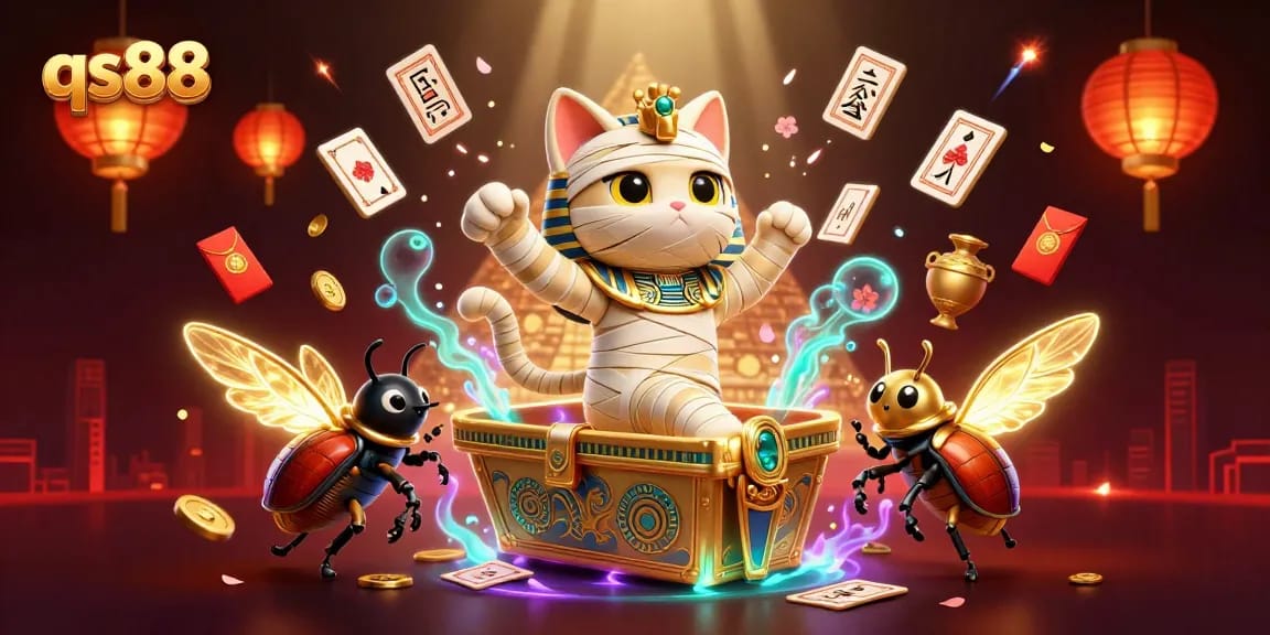 Experience thrilling gameplay at qs88 featuring an Egyptian mummy cat in a vibrant casino setting.