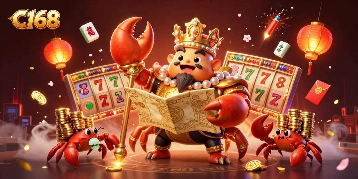 Experience big wins with C168's golden crab emperor in this dynamic casino scene!