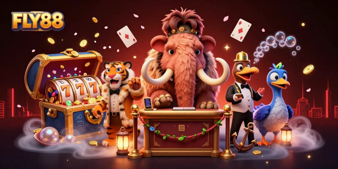 FLY88 welcomes players with a vibrant casino atmosphere, featuring a mammoth bouncer and VIP tiger in style.