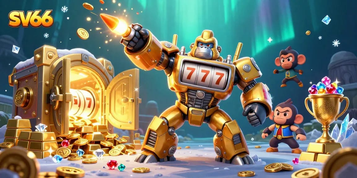 Experience thrilling wins with sv66, featuring an epic golden gorilla mech amidst treasures.