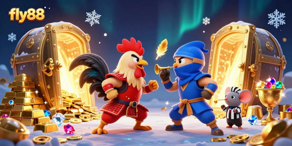 Engage in thrilling adventures at fly88 while witnessing twin roosters duel in an exciting casino-themed showdown