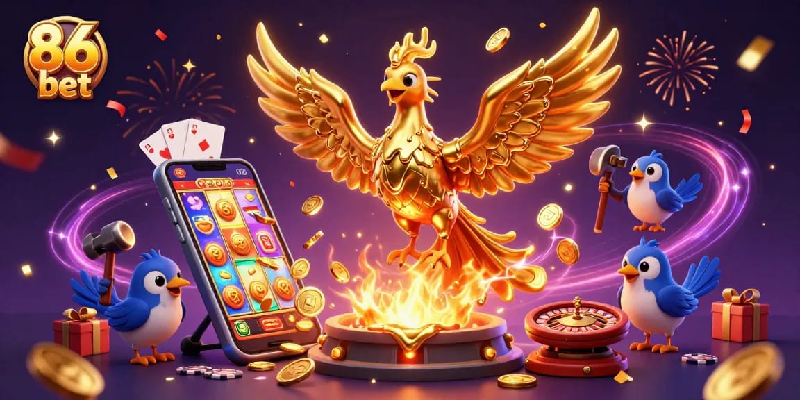 Engage in dynamic gaming action with 86 bet featuring a molten gold phoenix and vibrant casino elements.