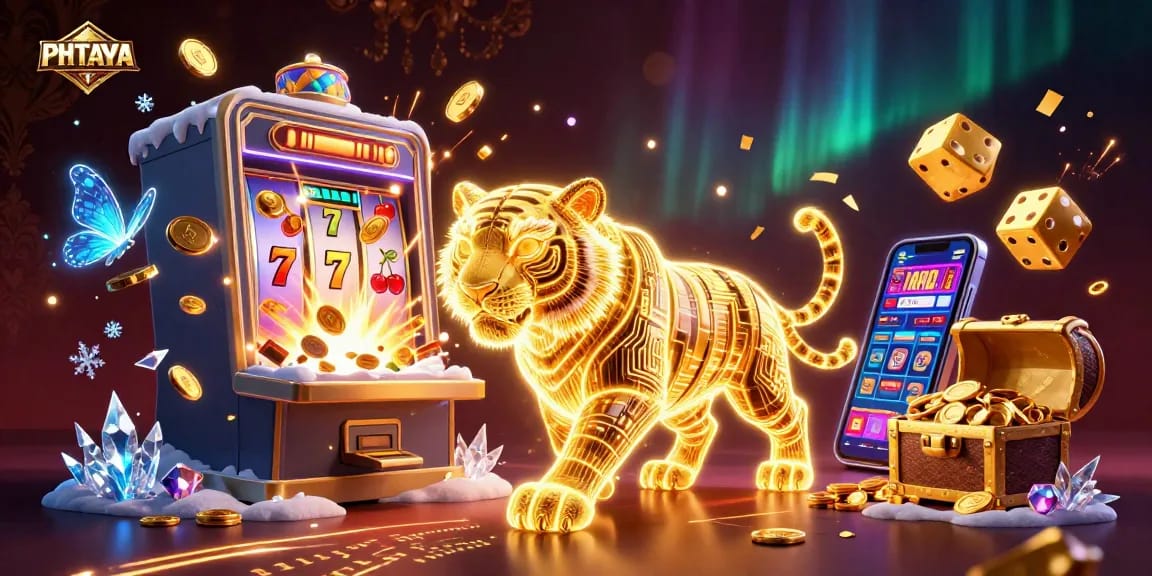 PHTAYA captivates players with a dynamic 3D casino scene featuring a golden tiger and vibrant game elements.