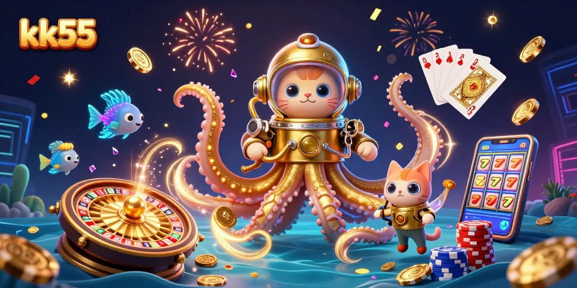 Engage in thrilling wins with kk55's vibrant casino scene featuring golden treasures and dynamic game elements.