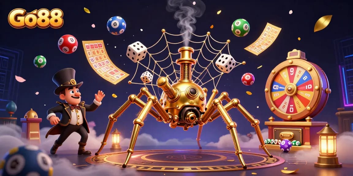 Experience thrilling gaming at Go88 with vibrant lottery and casino elements in a dynamic 3D scene.