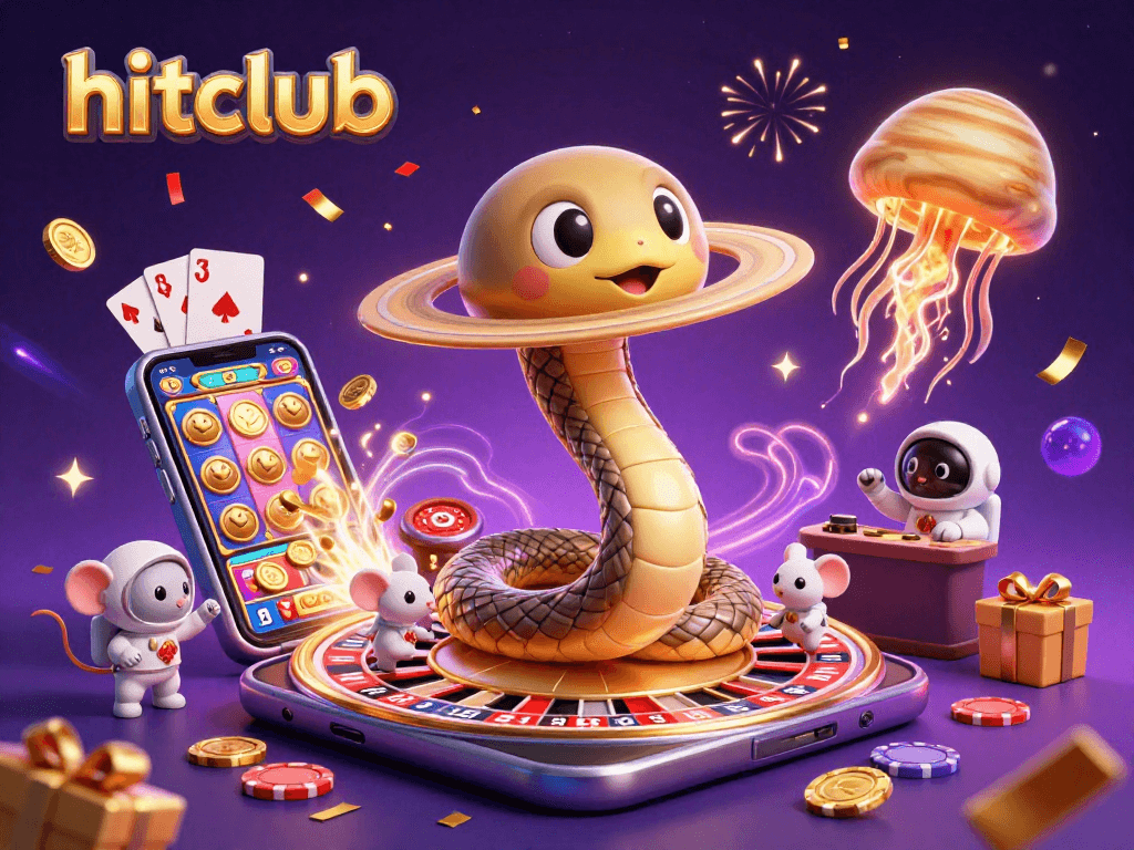 Hitclub's dynamic casino scene features betting astronaut mice and a roulette snake in space.