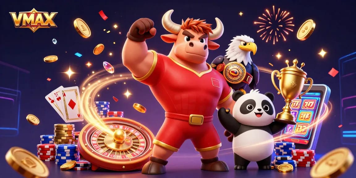 VMAX celebrates winning with a muscular mascot, eagle, and panda in a vibrant casino setting.