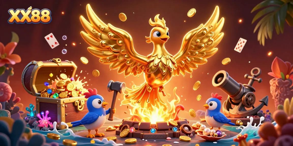 Experience the thrill of gaming with XX88, featuring a spectacular golden phoenix and coins bursting in action.