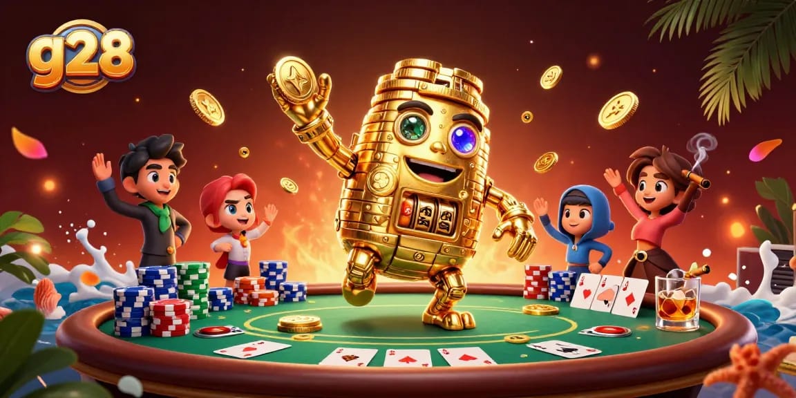 Engage in thrilling experiences at g28 with vibrant casino scenes featuring poker action and gold coin sprites.