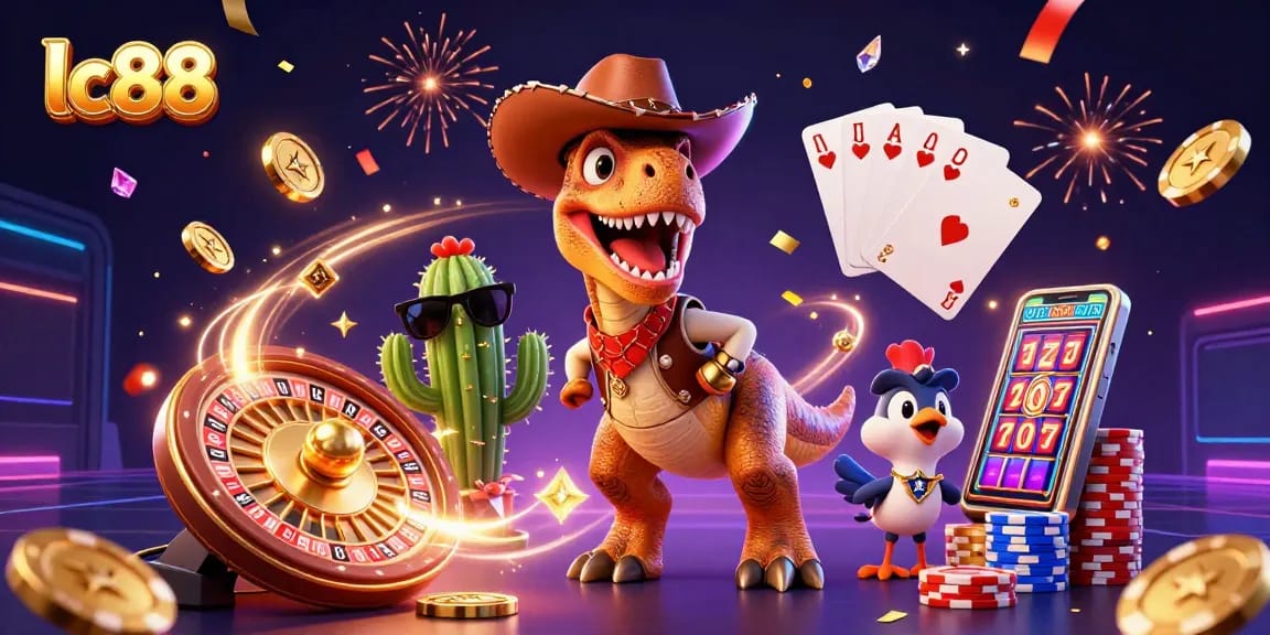 Engage with dynamic lc88 casino action featuring a cartoon T-Rex and vibrant gambling elements.