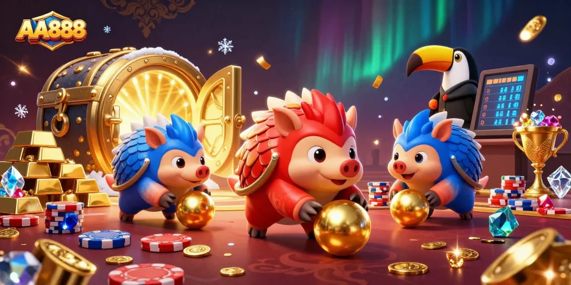 Experience thrilling gambling fun with AA888 as rival pangolins compete for golden treasures.