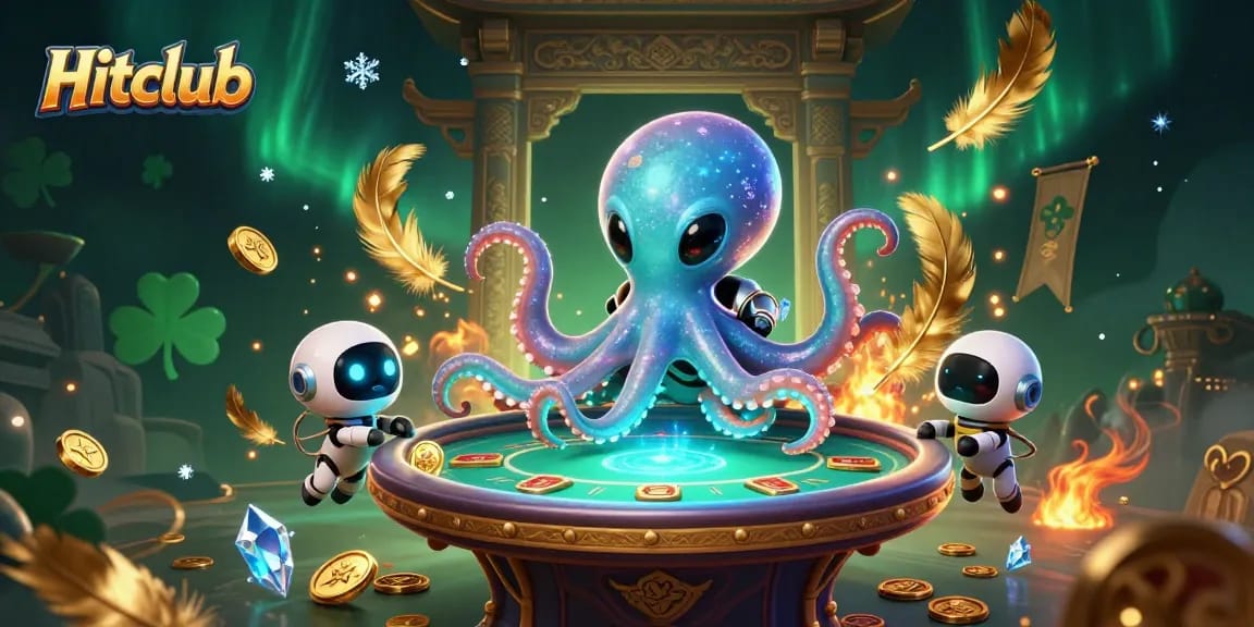 Hitclub presents an alien octopus at a poker table, surrounded by vibrant casino elements and cosmic decor.