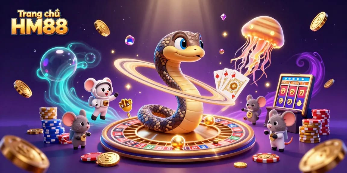 Engage with Trang chủ HM88's vibrant cosmic casino scene featuring snakes and astronauts in a playful betting atmosphere.