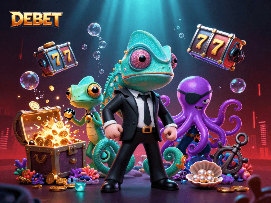 Engage with DEBET in a vibrant casino-themed underwater adventure filled with slot treasures.