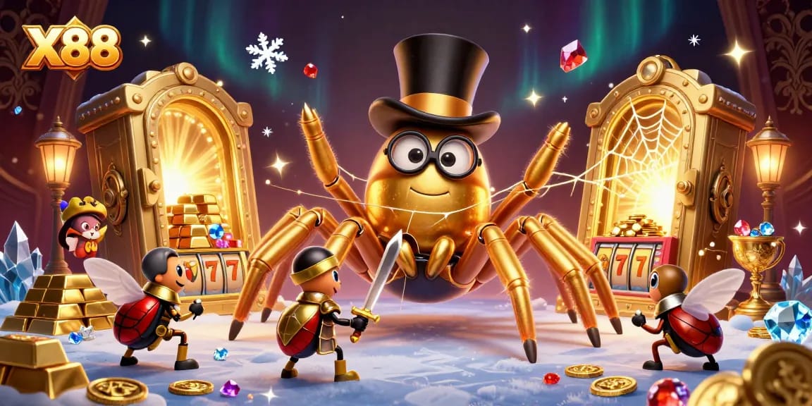 Engage in thrilling gameplay with X88 as a golden tarantula and brave beetle knight come alive in a dynamic casino scene.