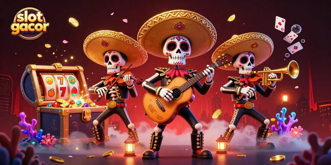 Feel the excitement with slot gacor as mariachi skeletons celebrate surrounded by slot reels and treasures.