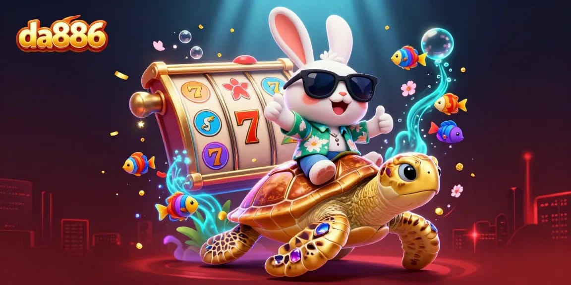 Spin the da886 slots with a lucky rabbit and sea turtle in a colorful, vibrant scene.