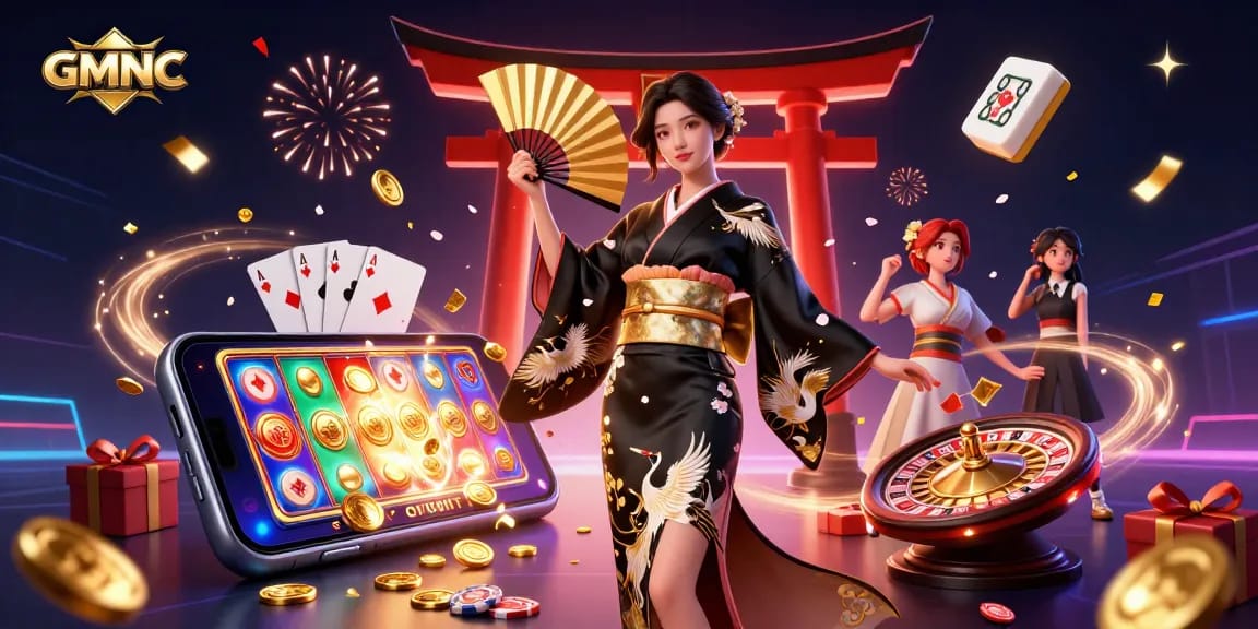 Play slots and win with GMNC in a vibrant 3D casino-themed illustration full of celebration.