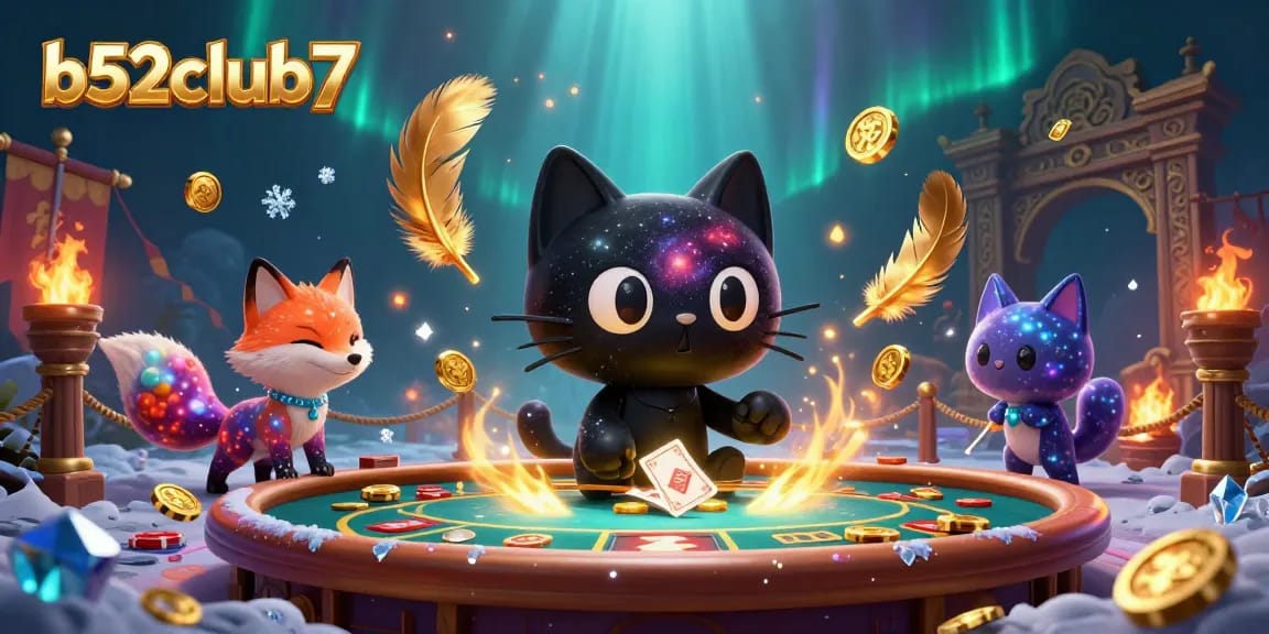 Engage with b52club7 in a vibrant 3D casino scene featuring a cosmic cat and colorful fox.