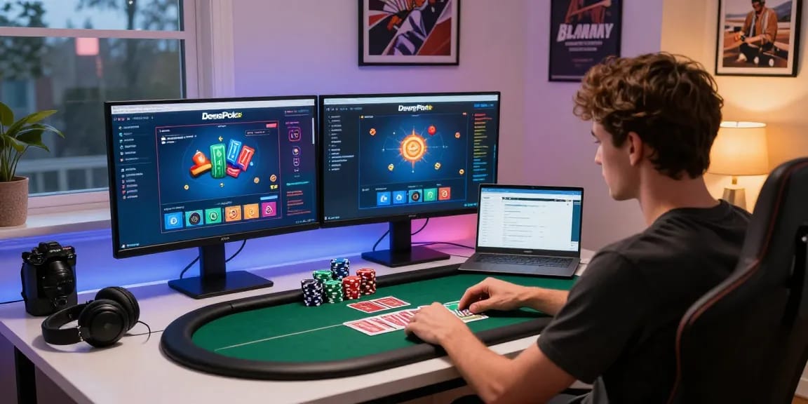 Engaged player at DewaPoker in a modern home office setting with dual monitors, chips, and cards showing a secure online poker experience.