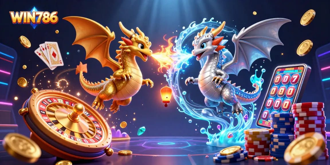 Experience the thrill of WIN786 with captivating dragons and dynamic casino elements.