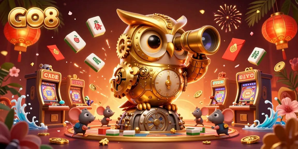 Engage with GO8 and experience dynamic casino excitement featuring a golden owl overseeing spinning slots.
