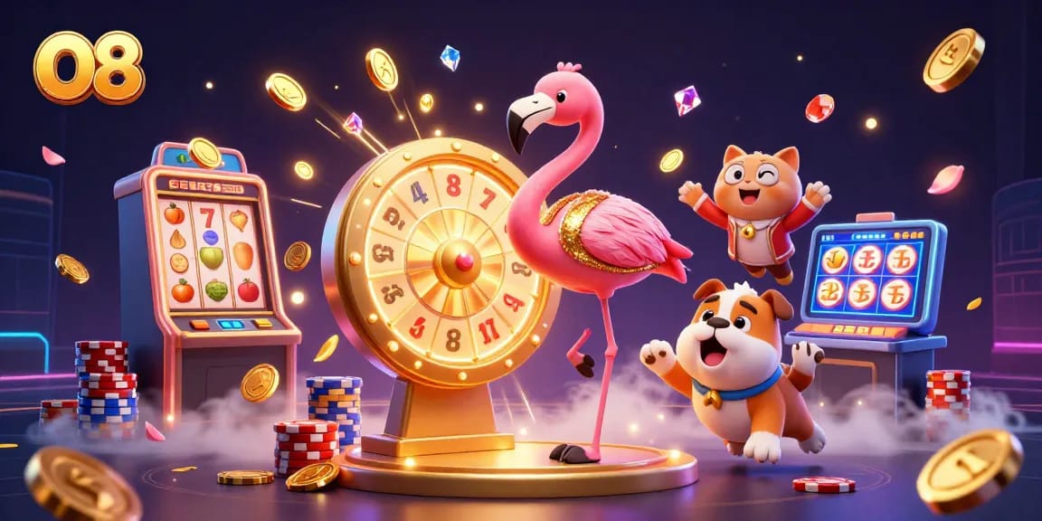 O8 showcases thrilling slot games with colorful characters, a jackpot wheel, and vibrant casino excitement.