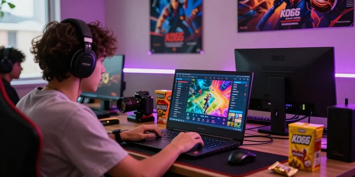 Gamer engaging with KO66 app in a vibrant gaming setup with snacks and LED lights.