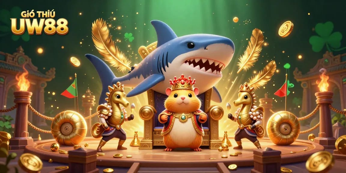 Giới Thiệu UW88 showcases a vibrant scene of a golden hamster king and royal guards amidst dramatic gambling elements