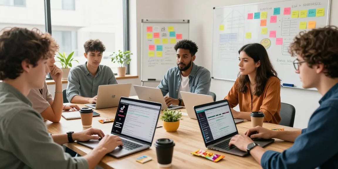 Content creators collaborating on strategies for using a legit TikTok follower service in a dynamic workspace.