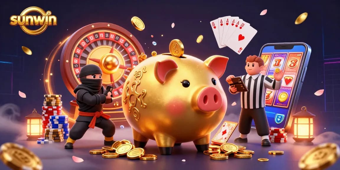 Experience thrilling gaming action at sunwin with a piggy bank sumo wrestler and ninja warriors amidst flying coins.