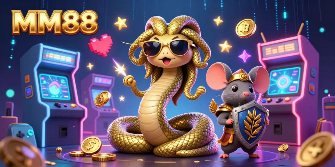 Engage with MM88's exciting gaming experience illustrated through vibrant 3D characters and casino elements.