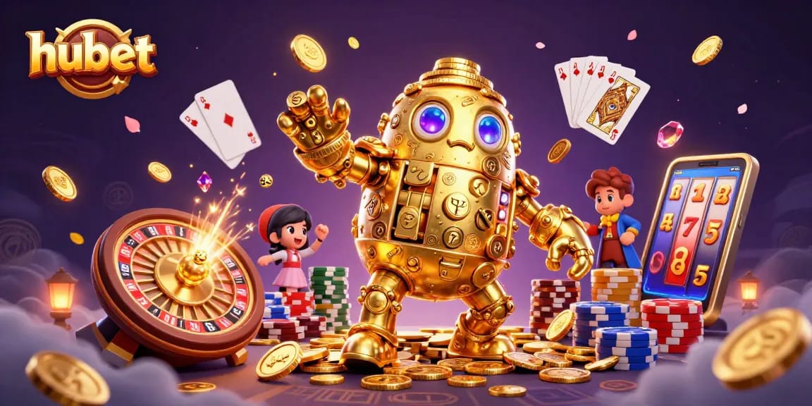 Experience thrilling gameplay at hubet, featuring vibrant golden golem surrounded by cascading coins and roulette.