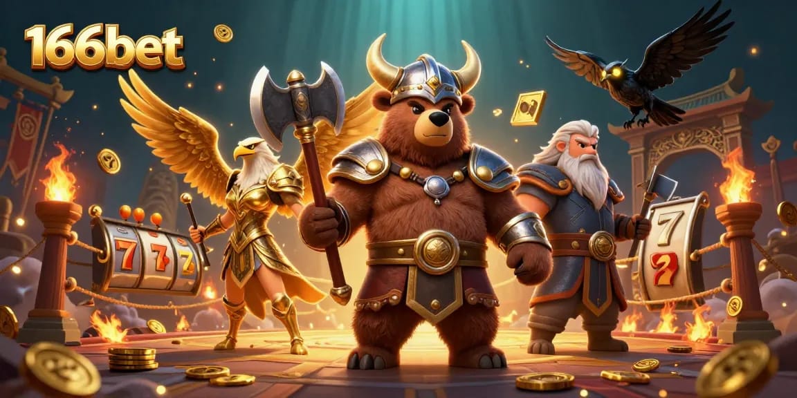 Experience the thrilling 166bet with a vivid 3D scene of a Viking berserker and eagle amid golden slot elements and exciting gaming action.