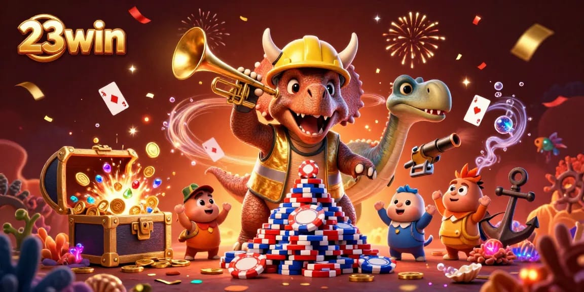 Join the excitement at 23win with a vibrant 3D scene celebrating casino thrills and gaming fun.