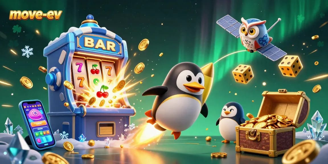 Experience thrilling 4D gameplay with move-ev's golden penguin and vibrant casino elements.