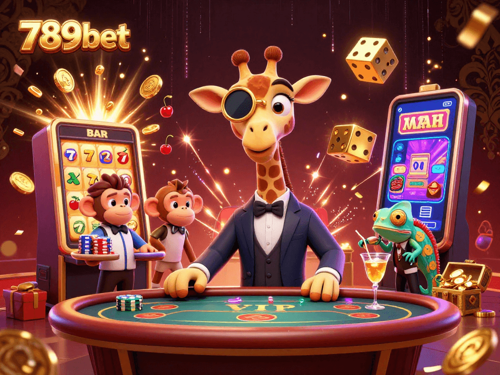 Engage in exciting gameplay at 789bet with a vibrant casino scene featuring characters, a slot machine, and golden treasures.