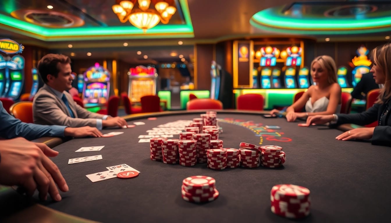 Permainan kasino oja89 yang dinamis dengan pemain dan meja poker yang mewah.