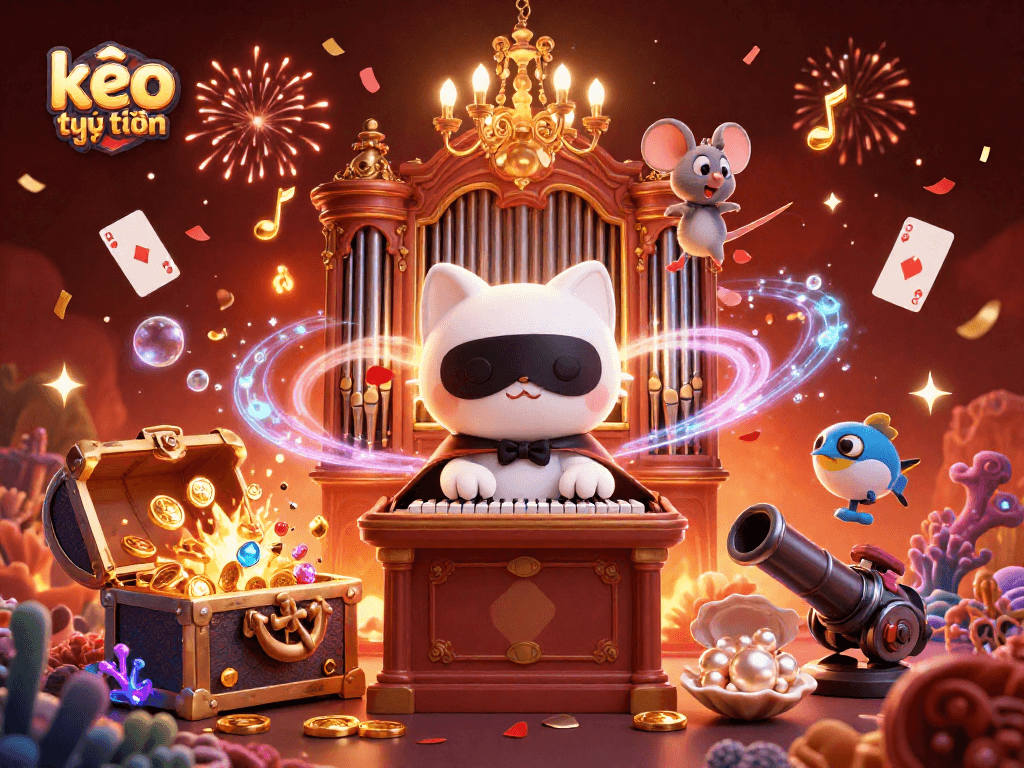 Experience kèo trực tuyến excitement with floating cards and acrobat scenes in vibrant casino illustration.