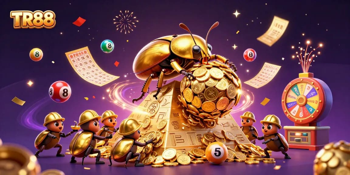 Join the excitement at TR88 with a golden beetle and dynamic casino elements in a vibrant illustration.