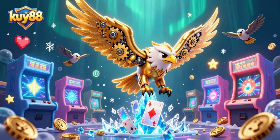 Experience the thrill of kuy88 with a dynamic scene of a cybernetic eagle amidst casino elements and holographic cards.